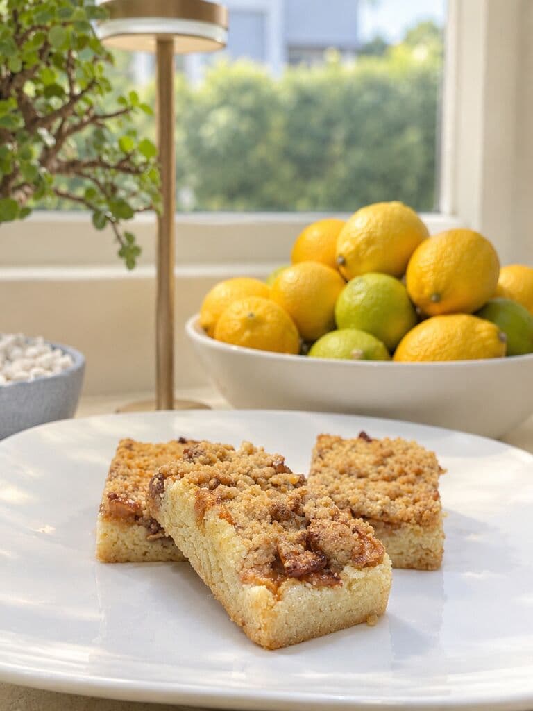 Barras de crumble de manzana en un plato blanco junto a la ventana