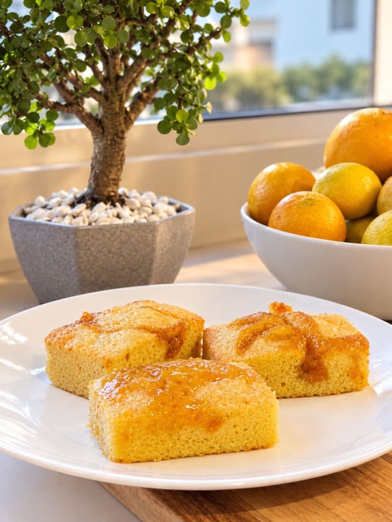 Porciones de torta con jalea de maracuyá en un plato blanco, junto a un bol de cítricos
